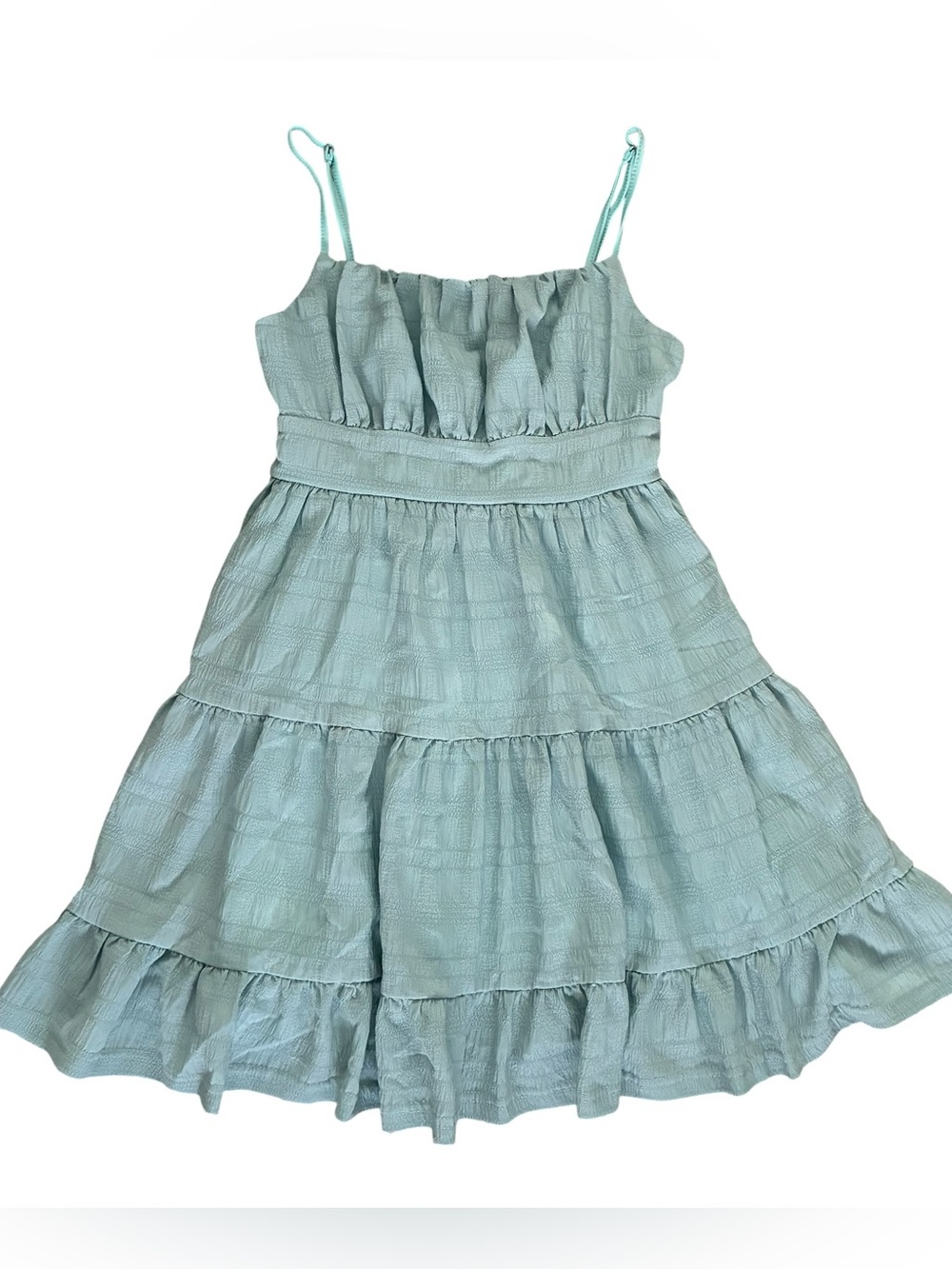 EUC Women's Aqua Tiered Mini Dress Small Ruffle Boho Cottagecore Vacation